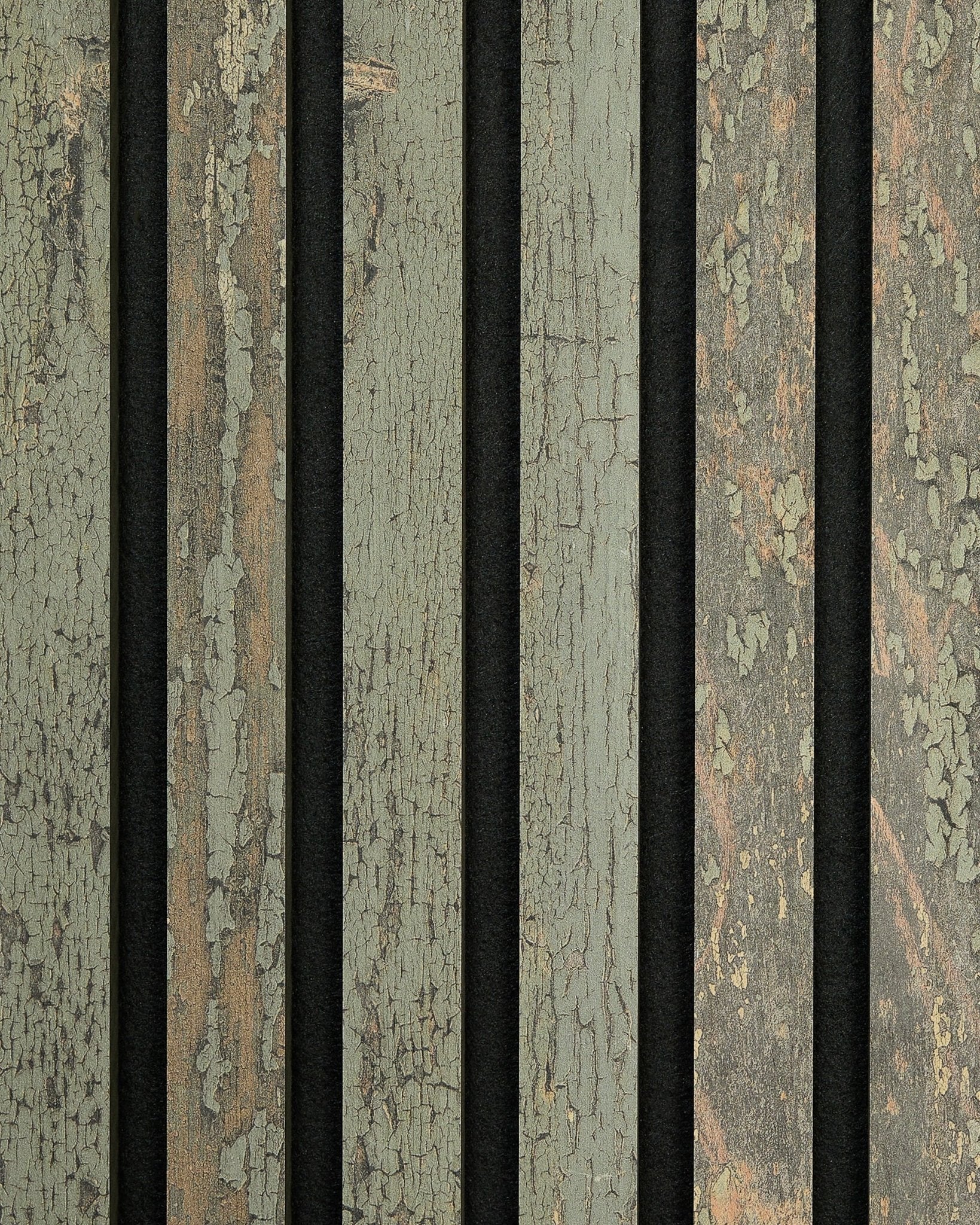 Close-up of Akupanel Rebel sample in Grey Oxide by WoodUpp, showing vertical acoustic wood panels with rustic, weathered texture and peeling grey finish.